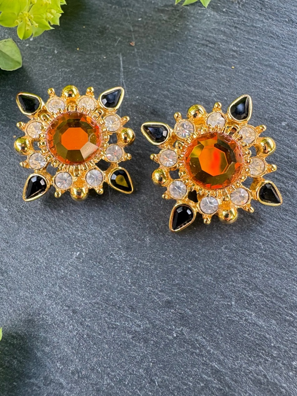 Vintage Joan Rivers Byzantine Sunburst ClipOn Earrings Amber Gold Onyx 90s